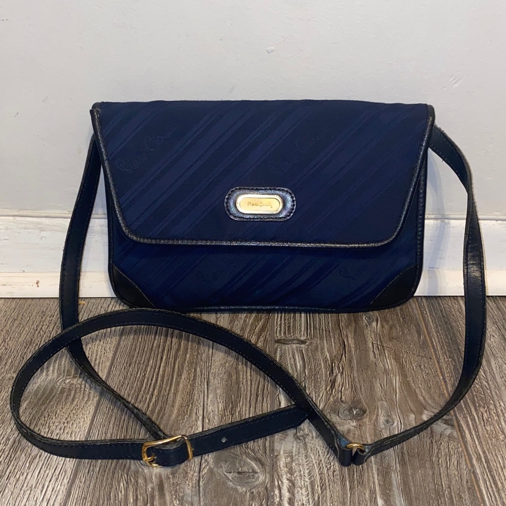 PIERRE CARDIN Vintage Navy Canvas Leather Trim Crossbody Bag Clutch
